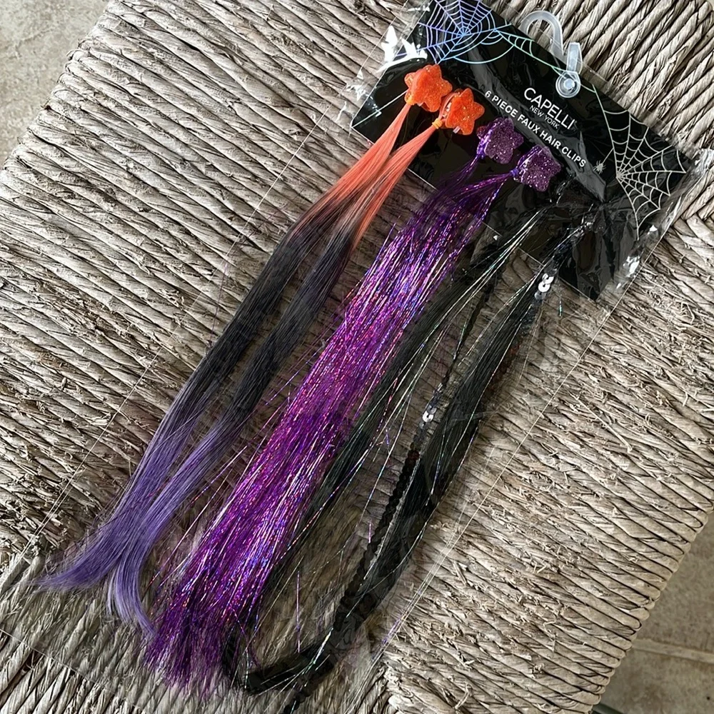 Capelli Halloween 6-Piece Faux Hair Clips Hair Extensions purple orange black